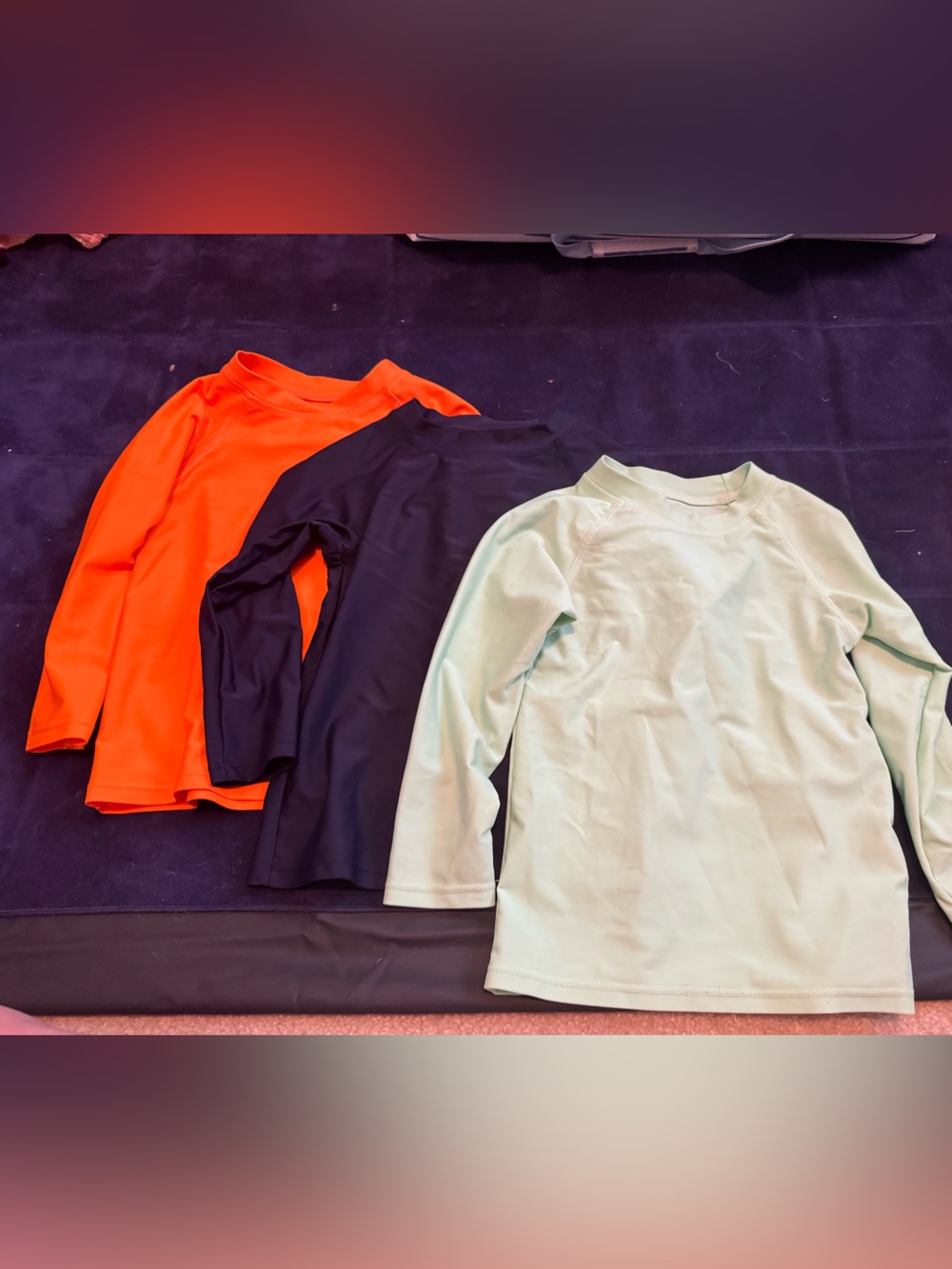Pk of 3 L/S Toddler Rashguards- Mint, Navy, Orange-sz 2T, worn once